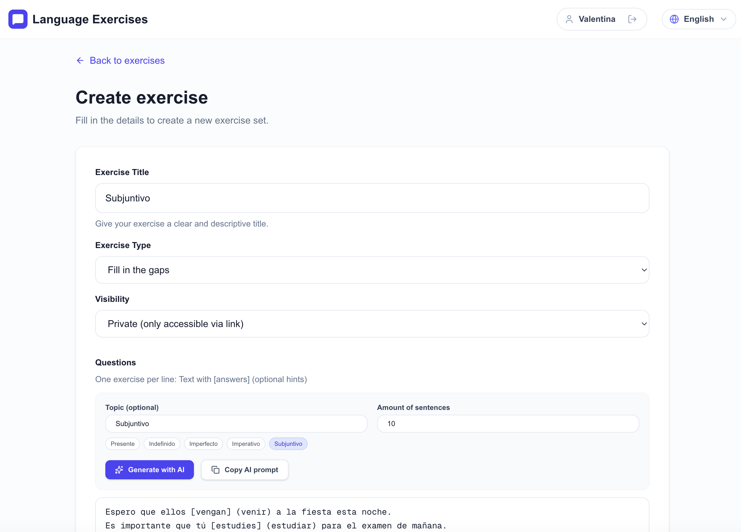 Valentina Baranova freelance web developer Buenos Aires — Project screenshot - Spanish Language Practice App