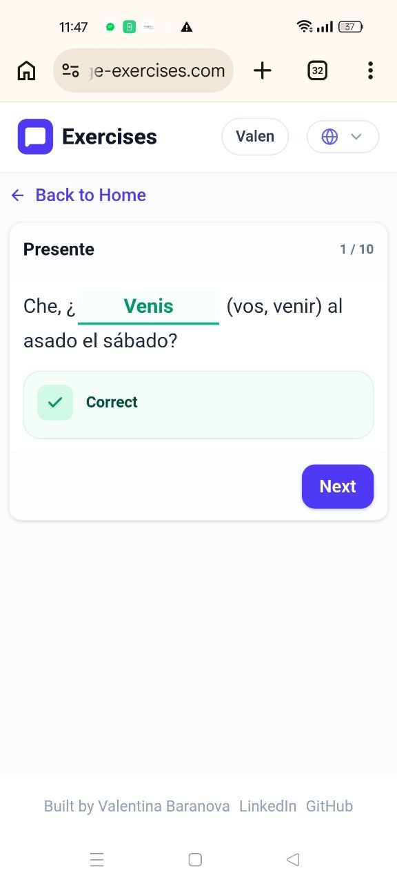 Valentina Baranova freelance web developer Buenos Aires — Project screenshot - Spanish Language Practice App