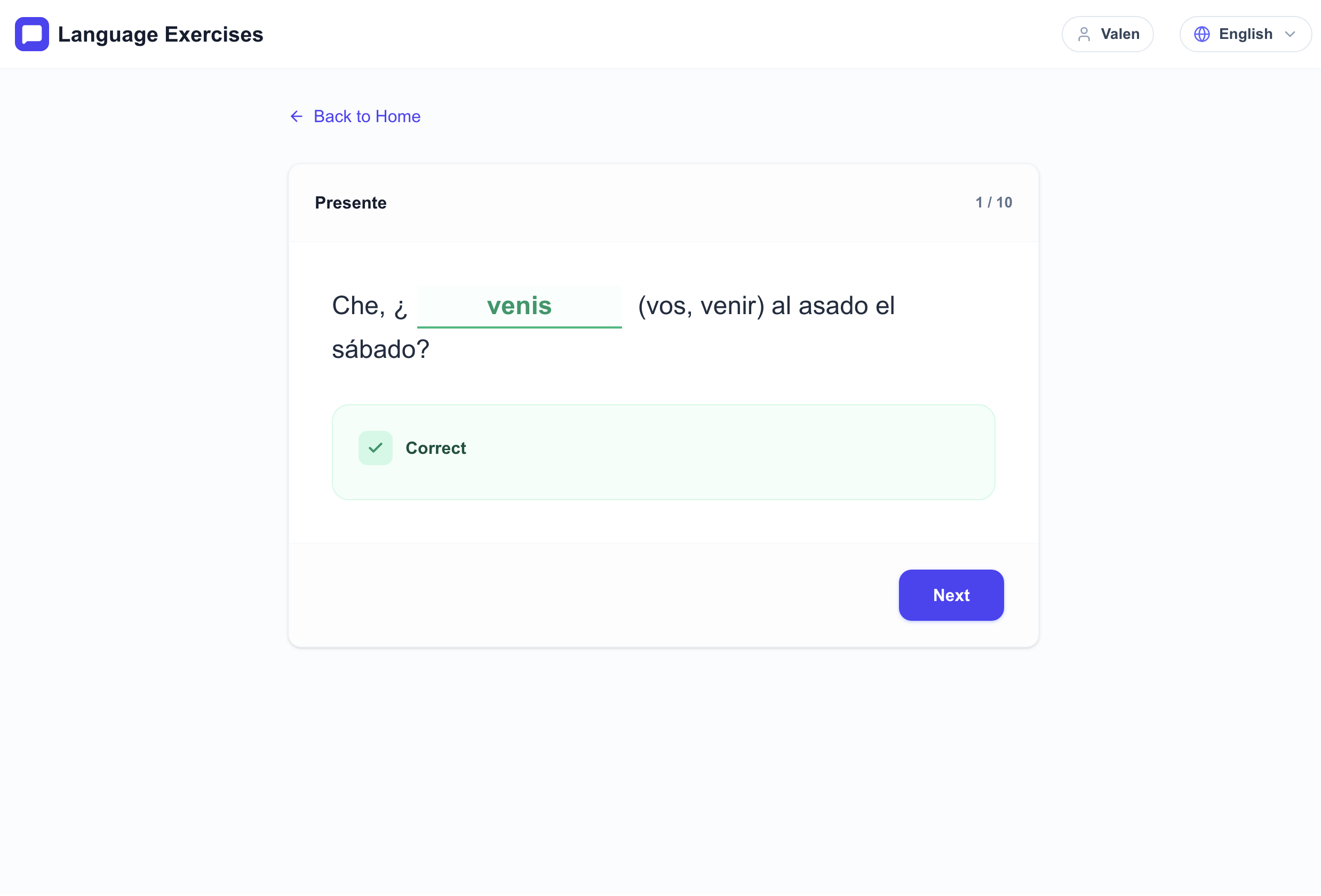 Valentina Baranova freelance web developer Buenos Aires — Project screenshot - Spanish Language Practice App